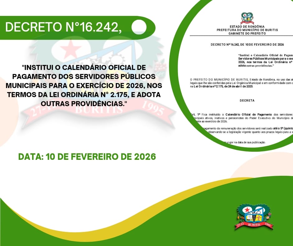 Prefeitura de Buritis institui Calendário Oficial de Pagamento dos Servidores para 2026